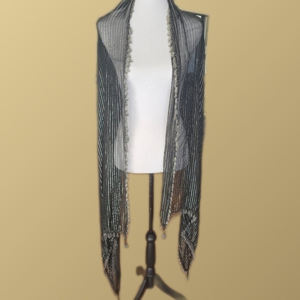 Sheer Black and Silver Striped Scarf with Beaded Fringe